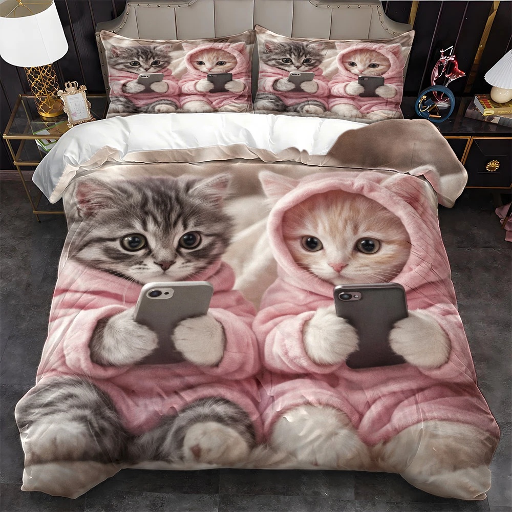 Duvet Cover Sets With Zipper - Set copripiumino con motivo gatto carino
