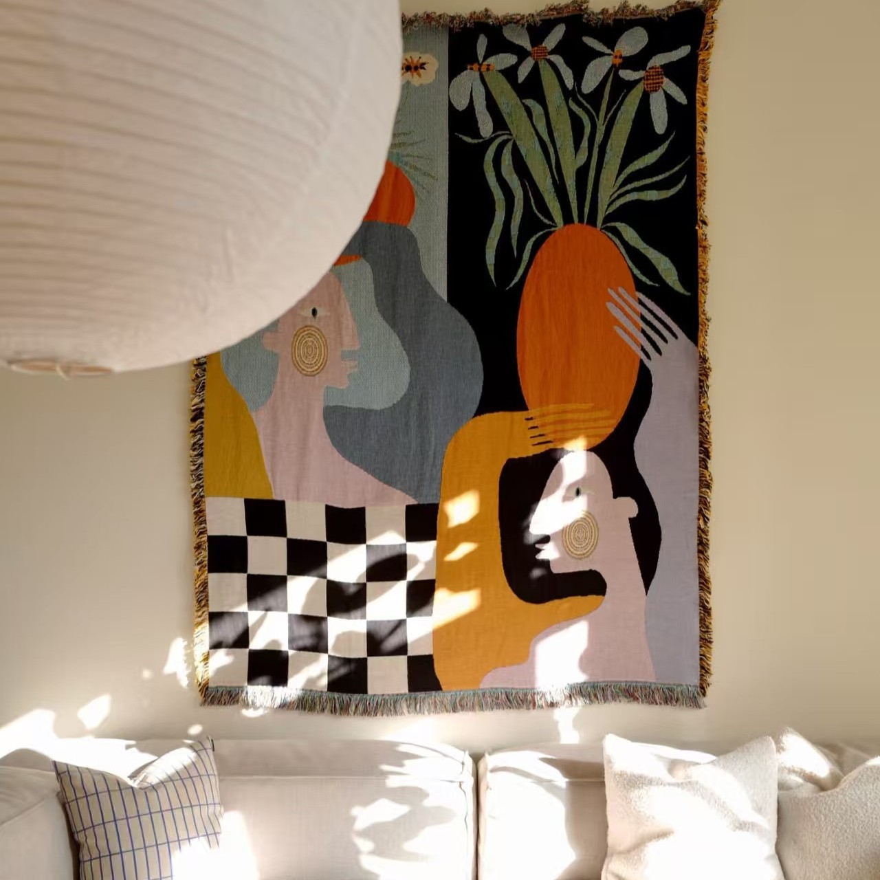 Boho Throw Blanket Fringe - Arazzo Moderno Astratto Boho in Tessuto